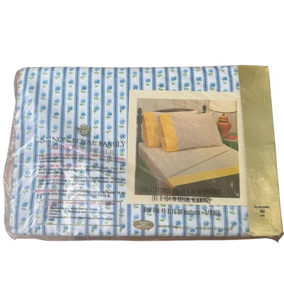 Cannon Royal Family No-Iron Percale Full Flat Sheet Blue Floral Stripes Vtg NOS - Picture 2 of 3